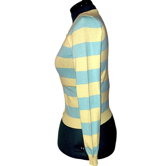 POOL Women's M Cotton Blue & Yellow Striped Preppy Girlyhood Cardigan Sweater - Picture 3 of 7
